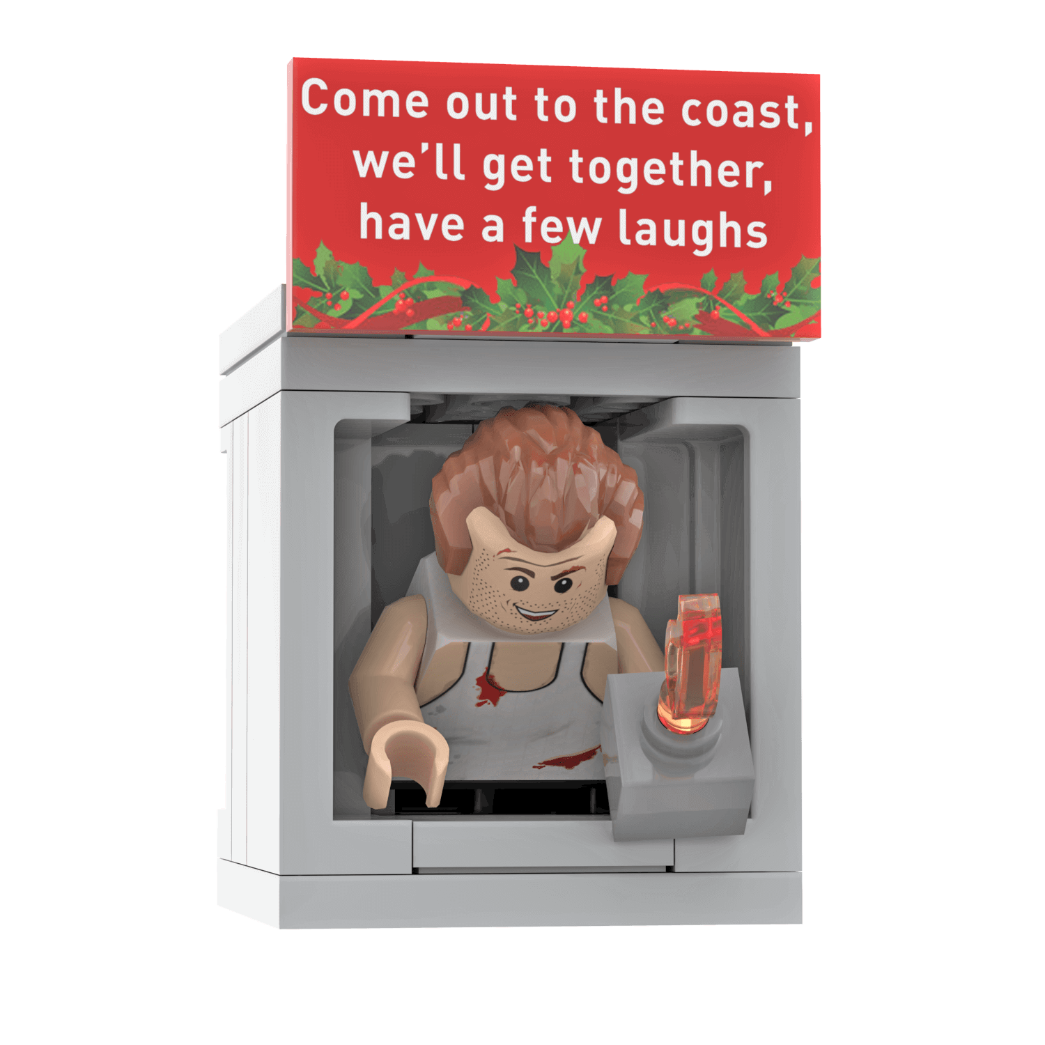 Custom printed LEGO ornament featuring the character John McClane from the movie Die Hard, positioned in a vent with a quote banner above.